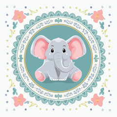 Adorable Elephant Illustration Surrounded by Decorative Floral Elements and Pastel Colors