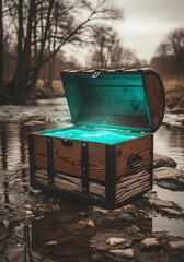 Glowing Aqua Sparks in Weathered Wooden Box Resting on Rocky Ground Near Reflective Water