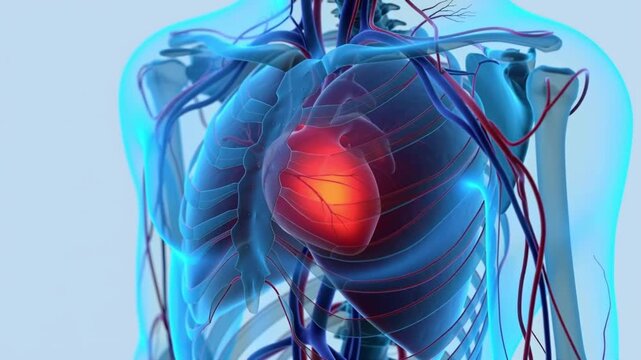 3D Medical Animation of Human Chest Showing Beating Heart and Cardiovascular System. Translucent Body with Arteries and Veins for Blood Pressure and Heart Health Visualization.