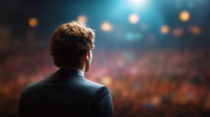Facing the Audience: A poised figure stands confidently before a vibrant audience bathed in warm light. Anticipation hangs in the air, creating a sense of excitement and preparation.
