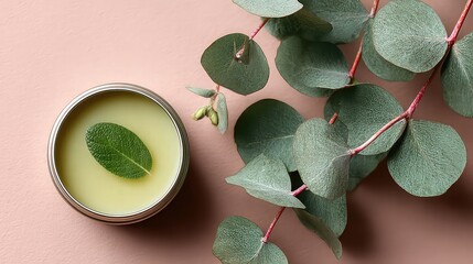 Tin of handmade balm beside eucalyptus leaf on light pink background. 