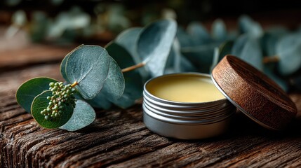 Tin of handmade balm beside eucalyptus on wood. -