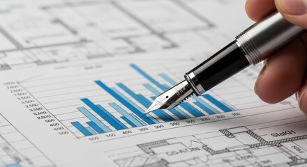 Analyzing Financial Growth: Fountain Pen on Bar Graph and Architectural Blueprint Detail