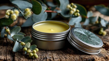 Tin of handmade balm beside eucalyptus on wood. -