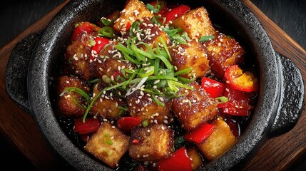 Tofu stir fry with sesame and scallions in black bowl, top-down. 