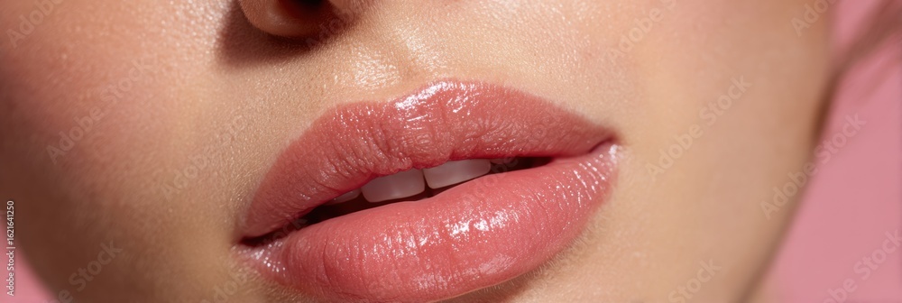 Poster natural glow on lips and cheeks highlighted with hydration effects in a clean composition featuring 