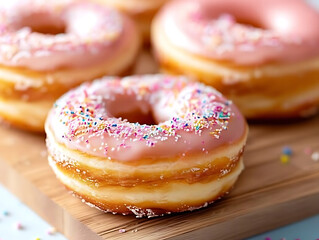  Pink Glazed Donuts with Sprinkles on Wooden Tray