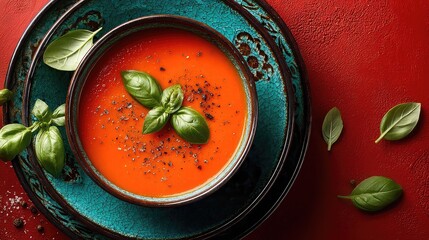 Tomato soup in teal bowl with basil on red background, overhead. -