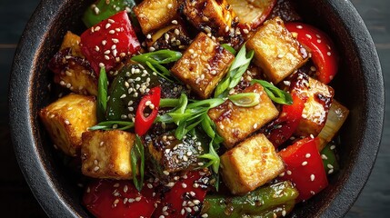 Tofu stir fry with sesame and scallions in black bowl, top-down. 