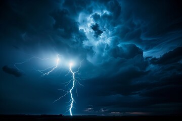 Powerful lightning bolt striking from dark storm clouds, dramatic night sky, high contrast atmospheric scene.