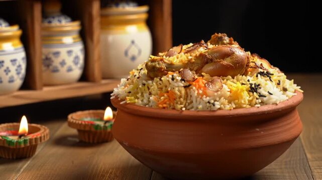 Close up of biryani in a clay pot with a spoon and candles near
