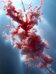 Abstract Ink Droplets Mixing in Water with Red and White Colors