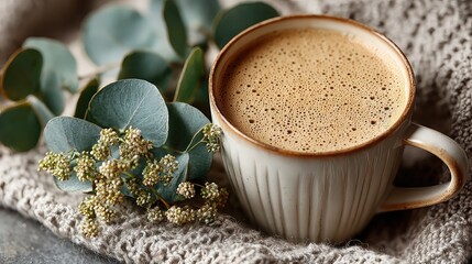 Top view of creamy coffee in white mug with eucalyptus sprigs 
