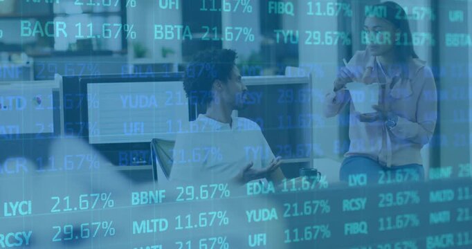 Office coworkers glancing at updating stock ticker overlay and conversing over live finance metrics
