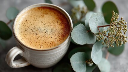 Top view of creamy coffee in white mug with eucalyptus sprigs