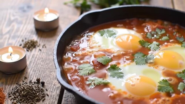 Close up of shakshuka with cilantro and candles on wood table