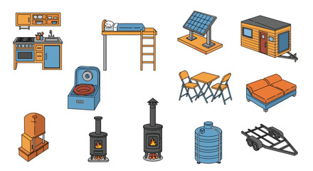 Isometric view of tiny house interior elements including kitchen bed solar panel and furniture items
