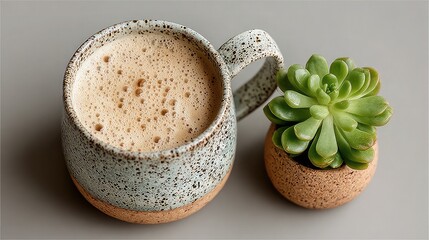 Top view of speckled mug with coffee and small succulent. -