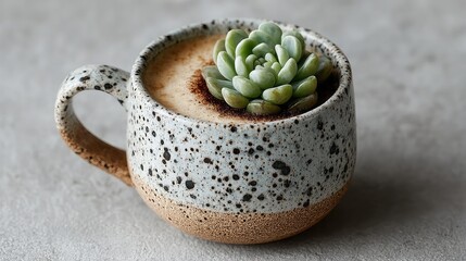 Top view of speckled mug with coffee and small succulent. -