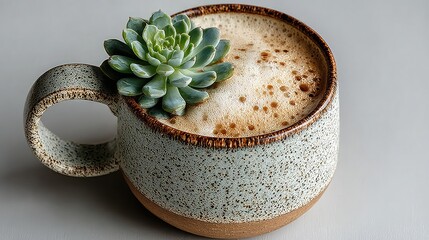 Top view of speckled mug with coffee and small succulent. 