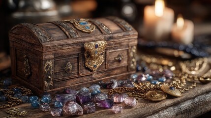 Treasure chest aglow with gold coins and jewels.