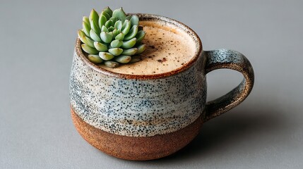 Top view of speckled mug with coffee and small succulent. -