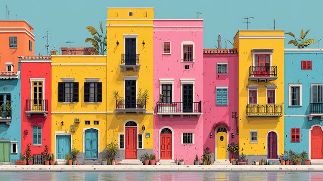 Vibrant Mediterranean Waterfront Row Houses: Colorful Architecture, Sunny Day, Canal View, Building Facade, Townhouses, Holiday Destination, Summer Vacation, Travel, Architecture Design, Real Estate, 