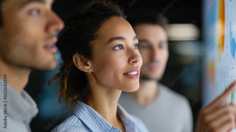 Aufkleber visionaries at work: a close-up shot of three professionals analyzing complex data, highlighting the