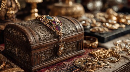 Treasure chest aglow with gold coins and jewels. 
