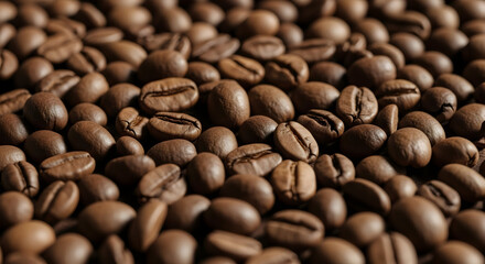 Fototapeta premium Rich Coffee Beans Background Aroma Texture Food Drink Close Up Full Frame Roasted Coffee Caffeine Boost Coffee Culture Coffee Shop Warm Drink