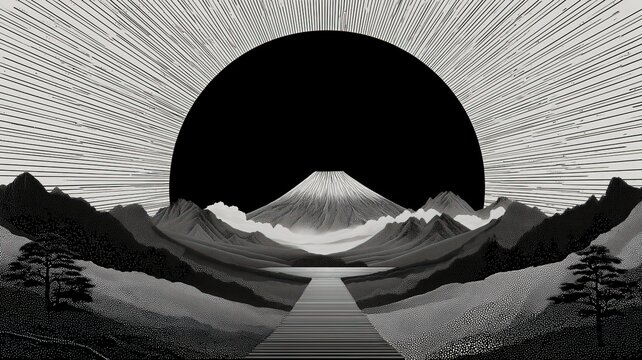 Abstract Monochrome Mountain Landscape: Serene Black and White Nature Scene with Path to Peak