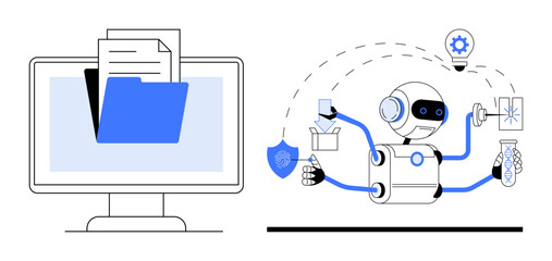 Robot multitasking with tools thumbs up shield, lightbulb, and beaker paired with a PC managing files. Ideal for automation, technology, robotics, AI, innovation creativity productivity. A simple
