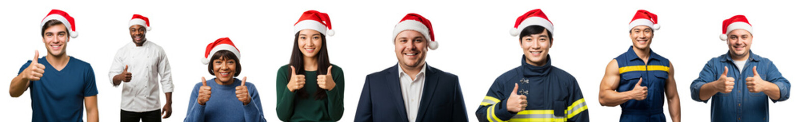 A diverse group of multiethnic men and women from various professions wearing Santa hats, smiling and giving a thumbs up gesture. Christmas holiday celebration and approval concept.