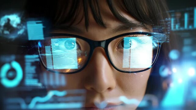 Glasses Reflection Focus on Digital Data Displays and Technology Insights