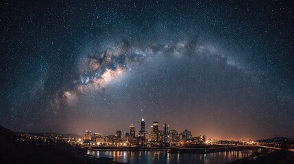 Urban skyline beneath a star-speckled sky. 