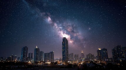 Urban skyline beneath a star-speckled sky. 