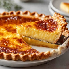 A slice of caramel-topped custard pie is lifted by a shiny stainless steel server. The pie features a cracked glossy top, smooth dense custard filling, and a thin flaky crust, set on a white plate.