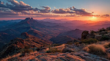 Warm sunset over desert ridge under open sky. 