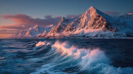 Waves crashing on snowy mountain at sunset. 
