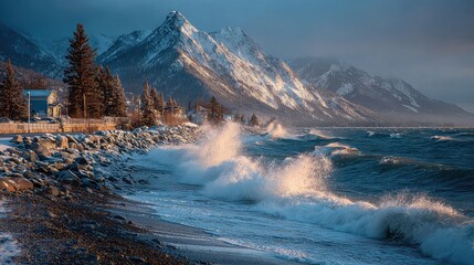 Waves crashing on snowy mountain at sunset.