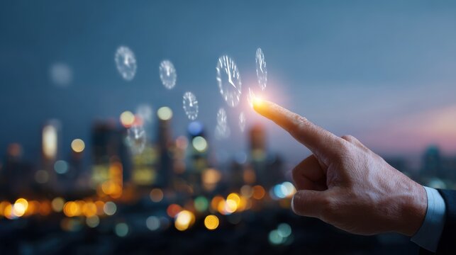 Time Management: A digital rendition of a hand interacting with floating clock icons, set against a blurred cityscape. Highlighting the concepts of time, technology, and efficiency.
