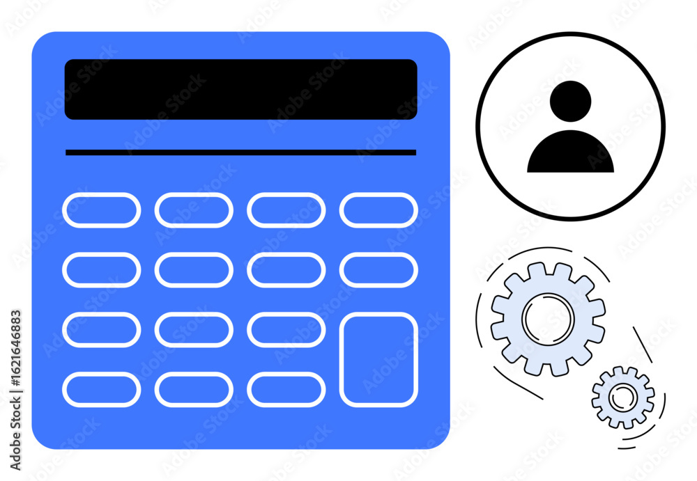 Aufkleber calculator with detailed buttons, user profile icon, and rotating gears symbolizing calculation, col