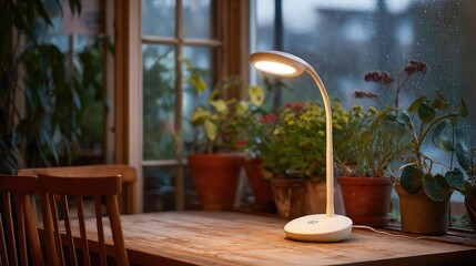 White LED desk lamp placed on wood table under soft glow.