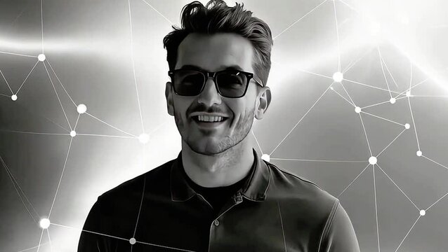 Stylish Man with Sunglasses Smiling Against a Networked Background - 4K3.mp4
