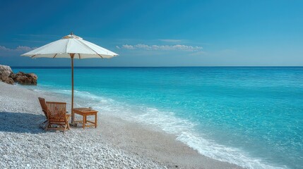 White umbrella set on isolated beach with turquoise sea.