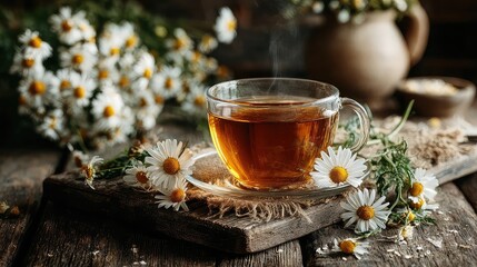 Wooden table with herbal tea and loose chamomile flowers. -