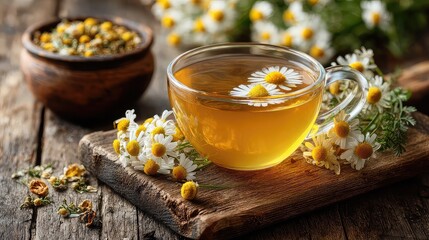Wooden table with herbal tea and loose chamomile flowers