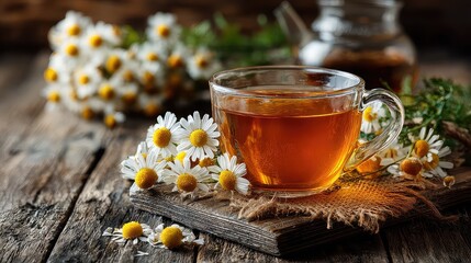 Wooden table with herbal tea and loose chamomile flowers. 
