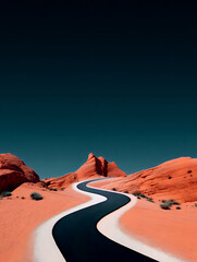 Scenic Desert Road with Winding Path Through Red Rock Landscape