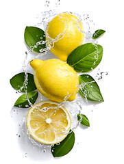 Fresh Lemons with Water Splash and Green Leaves on White Background